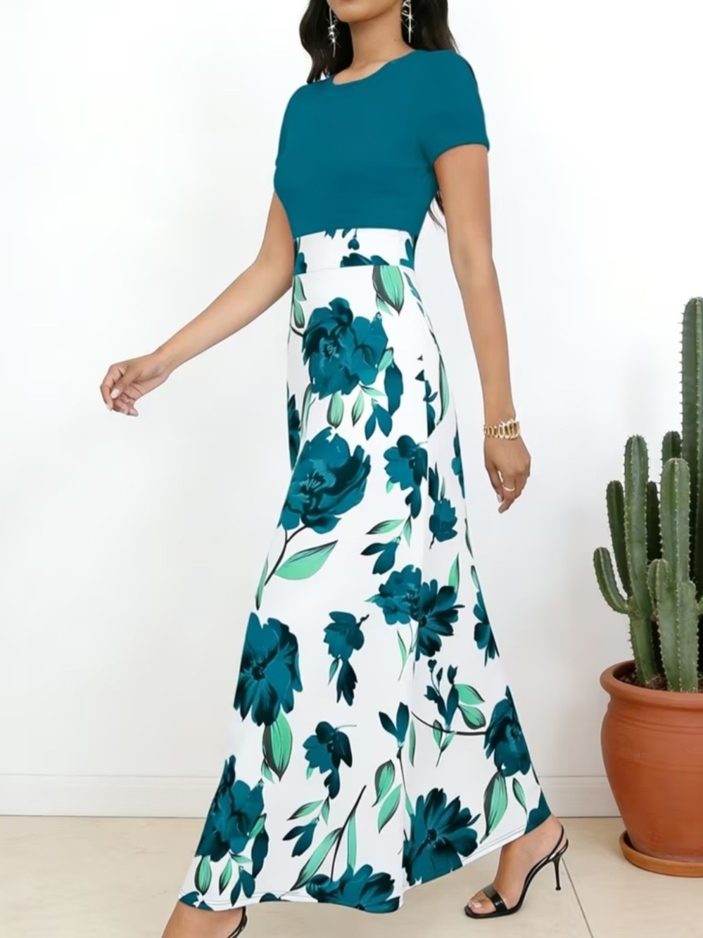 Teal Floral Paneled Maxi Dress - Women's